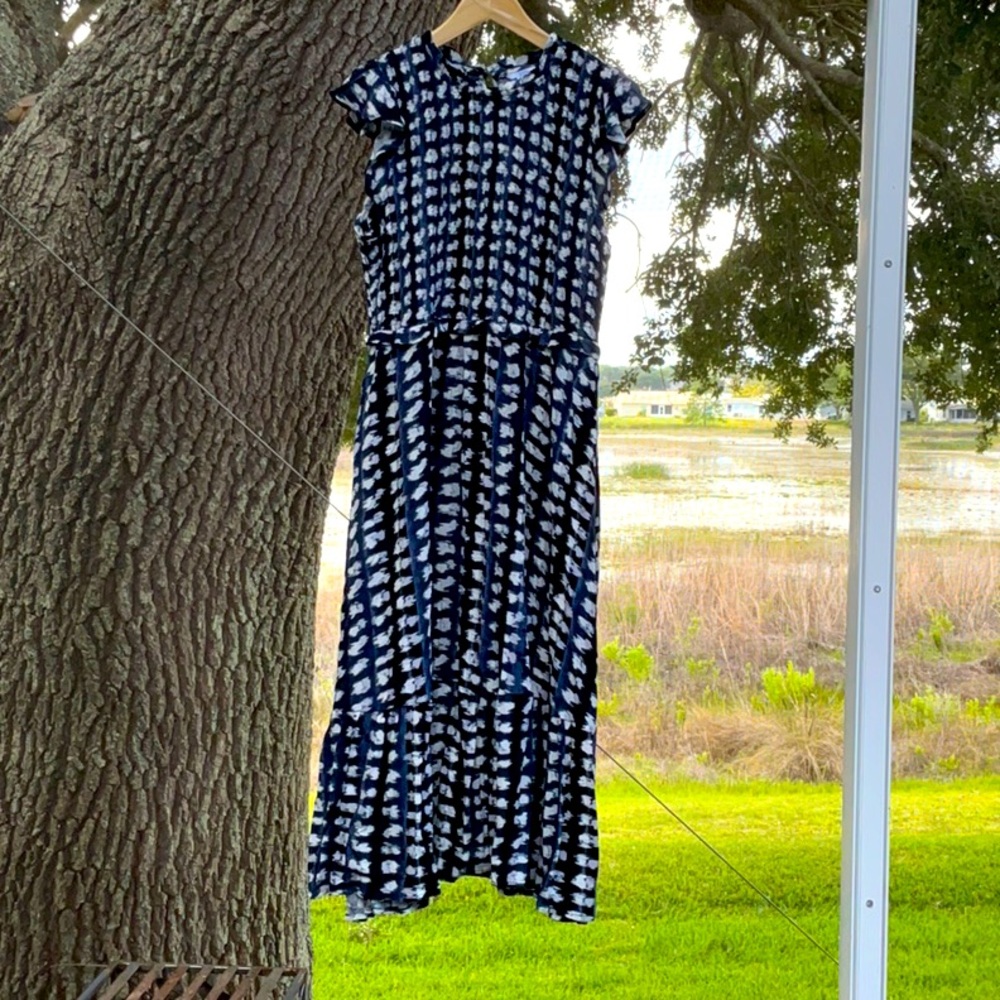 navy and White shirred top ikat with small flutter ruffle midi dress